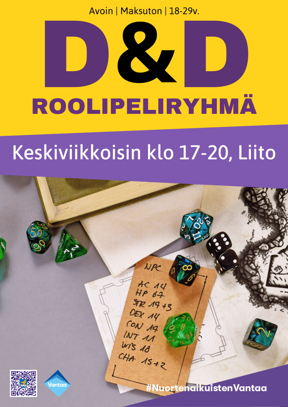 kuvassa roolipelinoppia ja muita roolipelivälineitä.