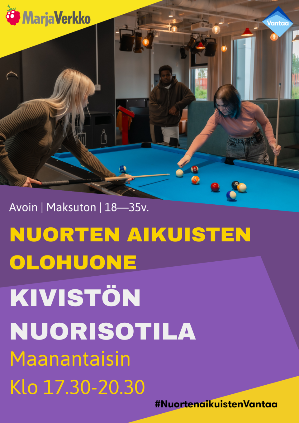 nuoria aikuisia pelaamassa biljardia kivistön nuorisotilassa.