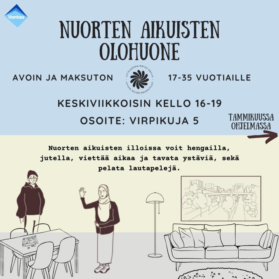 kuvassa piirrettyjä ihmisiä olohuonetilassa. tekstinä infoa nuorten aikuisten olohuoneesta koivukylässä. keskiviikkoisin klo 16-19. osoite virpikuja 5.