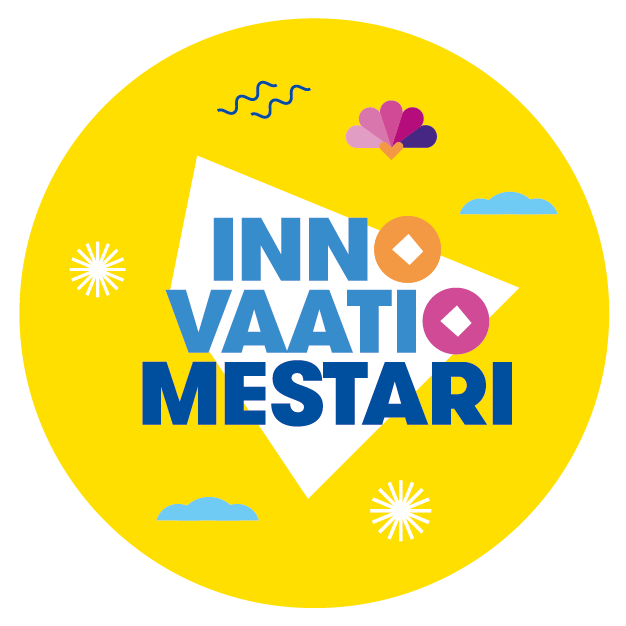 Graafinen, keltainen ja ympyränmuotoinen kuva, jossa aurinkoja, pilviä ja värikäs teksti Innovaatiomestari keskellä
