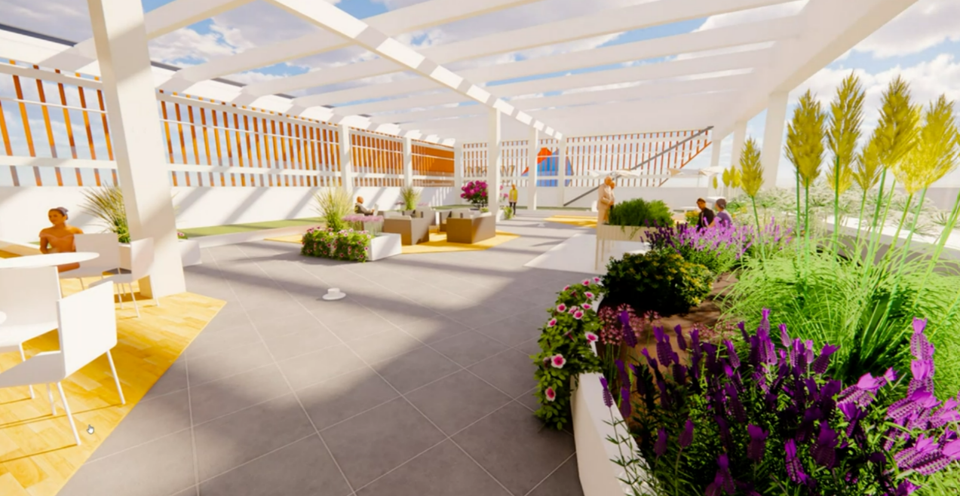 Arkkitehtitoimiston havainnekuva terassista. Aurinkoisella terassilla on kukkaistutuksia sekä pöytiä, joiden ääressä istuu ihmisiä.